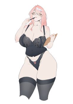 Rule 34 | 1girl, absurdres, bare arms, bare shoulders, belly, black-framed eyewear, black bustier, black panties, black thighhighs, bow, bow panties, breasts, bustier, buttons, cleavage, clipboard, collarbone, commentary, cowboy shot, cropped legs, english commentary, groin, hair between eyes, hands up, highleg, highleg panties, highres, holding, holding clipboard, holding pen, large breasts, lee zue ky, lingerie, long hair, looking at viewer, panties, parted lips, pen, pink hair, red bow, semi-rimless eyewear, sidelocks, simple background, skindentation, smile, solo, standing, thighhighs, tsukishiro yanagi, under-rim eyewear, underwear, underwear only, variant set, white background, yellow eyes, zenless zone zero
