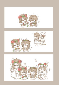 Rule 34 | 3koma, 4boys, absurdres, ahoge, alternate costume, amputee, arthropod boy, arthropod limbs, ascot, bags under eyes, bandage on face, bandage over one eye, bandaged head, bandages, beard stubble, black-framed eyewear, black-framed glasses, boots, border, branch, breast pocket, brown border, brown eyes, brown hair, bug, butterfly, butterfly on arm, butterfly on back, butterfly on hand, butterfly on head, capelet, chibi, chibi only, cloak, closed eyes, closed mouth, coat, cockroach boy, collared shirt, comic, crown of thorns, dress, dress shirt, e.g.o (project moon), expressionless, eyepatch, facial hair, flower, flower wreath, formal clothes, from side, frown, full body, g corp. (identity) (project moon), garden of thorns (e.g.o), glasses, gloves, grass, gregor (project moon), hair between eyes, hair flower, hair intakes, hair ornament, hair over one eye, hair vines, hairband, half-closed eye, half-closed eyes, hand up, hands up, happy, head wreath, highres, holding, holding flower, hood, hood up, hooded cloak, horns, indian style, insect, insect wings, jacket, jitome, joints, lantern (e.g.o), lapels, lily26983455, limbus company, limited palette, long coat, long hair, long sleeves, looking ahead, looking at another, looking down, looking to the side, low ponytail, male bride, male focus, mechanical arms, monster boy, motion lines, multiple boys, multiple persona, necktie, notched lapels, official alternate costume, on ground, one-eyed, one eye closed, one eye covered, open clothes, open coat, open mouth, pants, parted bangs, partially colored, photoshop (medium), pink flower, plant, plant roots, pocket, ponytail, pouch, project moon, prosthesis, prosthetic arm, purple flower, raised eyebrows, rectangular eyewear, red flower, rimless eyewear, rose, round eyewear, sanpaku, sash, semi-rimless eyewear, serious, shirt, shoes, shoulder sash, silent comic, simple background, sitting, sleeves rolled up, smile, solemn lament (e.g.o), sparkle, spot color, standing, stubble, suit, sweater, thorns, torn capelet, torn clothes, torn dress, torn tunic, tree, tunic, under-rim eyewear, vest, vines, waist sash, white background, wings, wooden arm, wreath, yellow flower