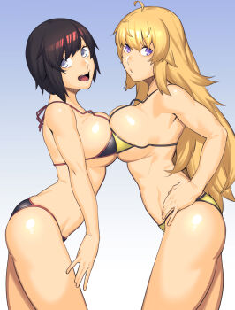 2girls :d ahoge alternate_breast_size_(larger) bikini black_bikini black_hair blonde_hair breast_press breasts dyun from_side grey_eyes halterneck hands_on_own_hips highres large_breasts long_hair looking_at_viewer looking_to_the_side micro_bikini multiple_girls open_mouth parted_lips puckered_lips purple_eyes ruby_rose rwby short_hair siblings sideboob sisters smile swimsuit symmetrical_docking thighs wavy_hair yang_xiao_long yellow_bikini