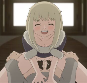 1boy 1girl aged_down blonde_hair blush bottomless closed_eyes closed_mouth collarbone cowboy_shot cowgirl_position drooling dungeon_meshi eyelashes falin_touden falin_touden_(tallman) flat_chest fur-trimmed_shirt fur_trim gachacash girl_on_top happy happy_sex hetero highres indoors laios_touden leaning_forward loli long_hair open_mouth penis pov pov_crotch pov_hands purple_shirt pussy saliva sex shirt smile solo_focus straddling teeth two-tone_shirt uncensored upper_teeth_only vaginal white_shirt