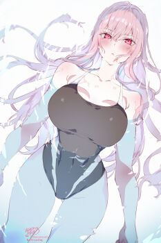 1girl absurdres artist_name bare_shoulders black_one-piece_swimsuit blush breasts closed_mouth collarbone commentary covered_navel highres hololive hololive_english kamiya_maneki large_breasts long_hair looking_at_viewer lying_on_water mori_calliope one-piece_swimsuit pink_eyes pink_hair signature simple_background solo swimsuit symbol-only_commentary thighs twitter_username virtual_youtuber water white_background