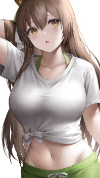 1girl :o absurdres animal_ears arm_up blush bow bra_strap breasts brown_eyes brown_hair collarbone hand_in_own_hair hibimaru highres horse_ears large_breasts long_hair navel open_mouth satono_diamond_(umamusume) shirt short_sleeves solo stomach tied_shirt umamusume upper_body white_bow white_shirt