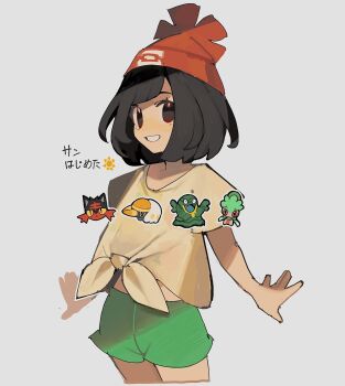 1girl 950magi618 alolan_form alolan_grimer beanie black_hair fomantis gen_7_pokemon green_shorts grubbin hat highres litten looking_at_viewer nintendo pokemon pokemon_(creature) pokemon_sm red_hat selene_(pokemon) shirt short_hair short_sleeves shorts smile t-shirt tied_shirt yellow_shirt