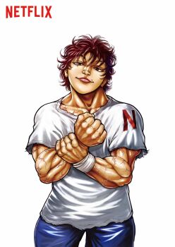 Rule 34 | 1boy, 2021, absurdres, brown eyes, brown hair, closed mouth, grappler baki, hanma baki, highres, itagaki keisuke, lips, looking at viewer, male focus, matching hair/eyes, muscular, muscular male, netflix, official art, scar, short hair, simple background, smile, solo, standing, white background