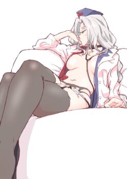 1girl bad_id bad_pixiv_id black_panties black_thighhighs blush blush_stickers breasts coat couch crescent crescent_necklace cross crossed_legs elbow_rest feet_out_of_frame garter_belt grey_eyes hand_rest hat head_rest highres jewelry micro_panties naked_coat necklace non_(z-art) nurse nurse_cap open_clothes open_coat panties ponytail red_cross sitting solo stethoscope thighhighs touhou two-tone_shirt underwear white_background white_coat white_hair yagokoro_eirin