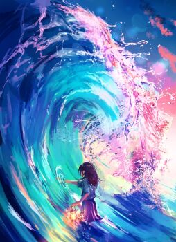 1girl black_hair blue_skirt blue_sky gradient_sky highres holding holding_lantern lantern original partially_submerged pink_sky reaching sanmen_(threeface_il) short_sleeves skirt sky solo sunset wading water waves