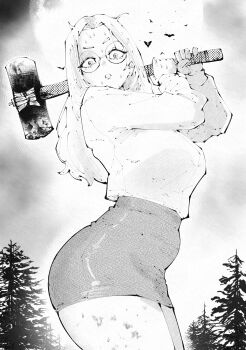 1girl absurdres animal arched_back bat_(animal) breasts clenched_teeth commentary cowboy_shot english_commentary from_side glasses greyscale halloween hammer high-waist_skirt highres holding holding_hammer holding_weapon large_breasts long_hair long_sleeves looking_at_viewer miniskirt miregeist monochrome moon nervous_sweating night original outdoors scared shirt simple_background skirt solo sweat teeth weapon white_background