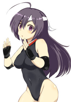 1girl ahoge bare_shoulders black_gloves blush cacaodecocoa female_focus fingerless_gloves gloves headband kokoneri leotard long_hair looking_at_viewer naeumi_tomono purple_eyes purple_hair ring_dream simple_background solo white_background