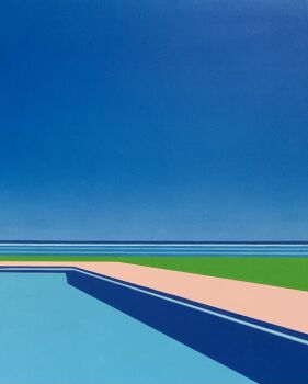 blue_sky commentary_request day grass highres hiroshi_nagai horizon no_humans ocean original outdoors pool sky traditional_media water
