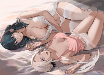 2girls babydoll bare_legs bare_shoulders blue_eyes blue_hair breasts female_byleth_(fire_emblem) camisole cleavage edelgard_von_hresvelg fire_emblem fire_emblem:_three_houses fire_emblem_warriors fire_emblem_warriors:_three_hopes forehead j@ck lace lace-trimmed_legwear lace_trim large_breasts lingerie long_hair lying medium_breasts medium_hair multiple_girls navel nintendo on_back on_bed on_side open_mouth panties parted_bangs pink_camisole purple_eyes smile thighhighs thighs underwear white_hair white_legwear white_panties yuri