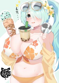 ... 1girl aqua_hair bikini blue_archive blush breasts bubble_tea_challenge cleavage collarbone commentary_request cowboy_shot eyes_visible_through_hair eyewear_on_head floral_print floral_print_bikini flower food hair_flower hair_ornament hair_over_one_eye handheld_electric_fan highres hiyori_(blue_archive) hiyori_(swimsuit)_(blue_archive) holding holding_food ice_cream_cone long_hair navel nekomikan open_mouth outline print_bikini see-through_clothes simple_background solo sunglasses swimsuit translation_request white_outline