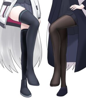 2girls black_coat black_pantyhose black_shoes black_skirt black_thighhighs blue_archive coat commentary_request feet hand_on_own_hip highres kei_(blue_archive) kei_(new_body)_(blue_archive) leg_focus leg_up long_hair lower_body multiple_girls pantyhose plana_(blue_archive) pleated_skirt rodale shoes simple_background single_shoe skirt slippers standing standing_on_one_leg thighhighs very_long_hair white_background white_hair zettai_ryouiki