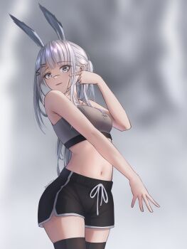 1girl alternate_costume animal_ears arknights artist_name bare_arms bare_shoulders black_shorts black_thighhighs camisole commentary cowboy_shot crop_top dolphin_shorts english_commentary finger_to_cheek frostnova_(arknights) grey_background grey_camisole grey_eyes grey_hair hair_ornament hairclip hairpin highres long_hair midriff multiple_hairclips navel okukin_07 shorts solo standing thighhighs