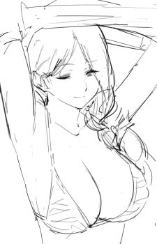 1girl alternate_costume armpits bikini bow breasts choker cleavage clothes_lift fire_emblem fire_emblem:_three_houses hair_over_shoulder indoors j@ck large_breasts long_hair mercedes_von_martritz nintendo one_eye_closed shirt shirt_lift sideboob sketch smile solo swimsuit underboob undressing unfinished upper_body white_bikini window
