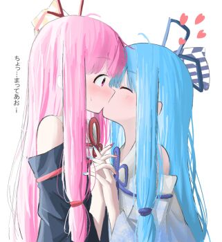 2girls bare_shoulders black_dress blue_hair blue_nails blush closed_eyes commentary dress heart highres holding_hands incest interlocked_fingers kiss kotonoha_akane kotonoha_aoi long_hair multiple_girls pink_eyes pink_hair pink_nails ren256 siblings simple_background sisters sweat translation_request voiceroid white_background white_dress yuri