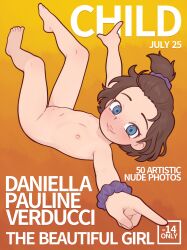1girl barefoot blue_eyes body_freckles casytay closed_mouth commentary completely_nude cover donkey_kong_(series) donkey_kong_bananza english_commentary english_text fake_magazine_cover flat_chest freckles full_body highres loli looking_at_viewer magazine_cover navel nintendo nipples nude pauline_(mario) pauline_(young)_(mario) purple_scrunchie pussy pussy_peek scrunchie solo toes wrist_scrunchie