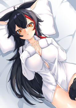 1girl absurdres alternate_costume animal_ear_fluff animal_ears black_hair blanket blush breasts cleavage collared_shirt highres hololive large_breasts long_hair looking_at_viewer lying multicolored_hair naked_shirt nyang-kaz on_back ookami_mio open_mouth pillow red_streaks shirt solo streaked_hair tail very_long_hair virtual_youtuber white_shirt wolf_ears wolf_girl wolf_tail yellow_eyes