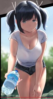 Rule 34 | 1girl, alternate costume, blue eyes, blue hair, blurry, blurry background, blush, bottle, breasts, cleavage, closed mouth, commentary request, dark blue hair, day, denim, denim shorts, hair ribbon, hand on own knee, highres, holding, holding bottle, incoming drink, kantai collection, large breasts, leaning forward, looking at viewer, medium hair, outdoors, pov, revision, ribbon, shirt, short shorts, short sleeves, short twintails, shorts, smile, solo, souryuu (kancolle), thigh gap, twintails, wa (genryusui), water bottle, white shirt