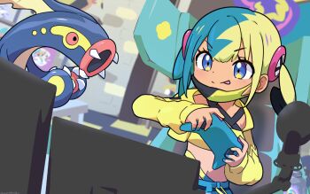 1girl aqua_hair aqua_nails black_hair blonde_hair blue_eyes blurry blurry_background canari_(pokemon) claws commentary_request controller cropped_jacket dark-skinned_female dark_skin eelektross eyelashes fangs fingernails gen_5_pokemon highres holding holding_controller hood hood_down hooded_jacket indoors jacket komori541milk microphone midriff monitor multicolored_hair nail_polish navel nintendo open_clothes open_jacket playing_games playing_video_games pokemon pokemon_(creature) pokemon_legends:_z-a split-color_hair twintails