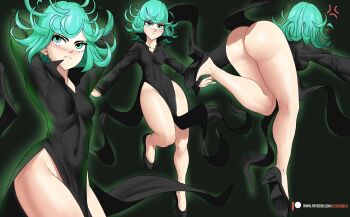1girl anger_vein ass bent_over black_background bottomless breasts echo_saber floating_clothes flying green_hair high_heels highres no_panties one-punch_man petite simple_background tatsumaki telekinesis thick_thighs thighs tripping