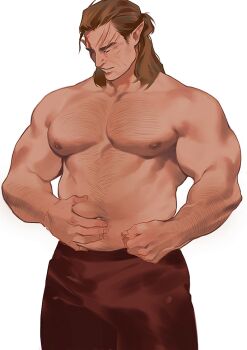 1boy abs akdrpa baldur's_gate baldur's_gate_3 bara belly belly_grab brown_hair closed_eyes cowboy_shot dark-skinned_male dark_skin elf hairy halsin large_pectorals male_focus mature_male medium_hair muscular muscular_male navel navel_hair nipples pectorals pointy_ears solo sparse_chest_hair sparse_navel_hair standing stomach strongman_waist thick_arm_hair thick_eyebrows topless_male weight_conscious