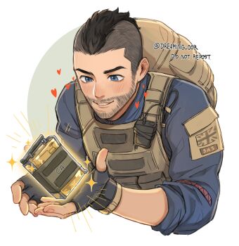 1boy backpack bag black_gloves black_hair blue_eyes blue_shirt bulletproof_vest call_of_duty call_of_duty:_modern_warfare_2 dreaming_oor explosive facial_hair fingerless_gloves gloves grenade heart highres holding male_focus shirt short_hair simple_background smile soap_(modern_warfare_2) solo twitter_username white_background