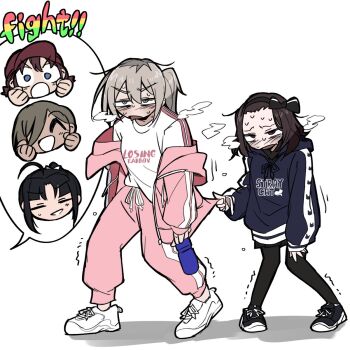 5girls awa_subaru black_bow black_hair blue_eyes blue_hoodie blush bow chibi commentary_request ebizuka_tomo girls_band_cry gym_uniform heavy_breathing highres hood hoodie iseri_nina jacket kawaragi_momoka long_hair multiple_girls pants pink_jacket pink_pants ponytail red_eyes rupa_(girls_band_cry) shoes short_hair sweat white_background white_shoes zeroshiki_(zzrrsskk)