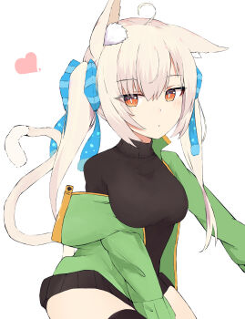 1girl absurdres animal_ears black_shirt black_skirt black_thighhighs blue_bow blush bow breasts cat_ears cat_girl cat_tail closed_mouth commentary_request green_jacket hair_between_eyes hair_bow heart highres jacket long_hair looking_at_viewer medium_breasts nyaha off_shoulder open_clothes open_jacket orange_eyes original pleated_skirt shirt simple_background sitting skirt solo striped_bow tail thighhighs twintails very_long_hair white_background white_hair