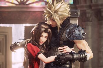 1boy 1girl 3d aerith_gainsborough armor belt blonde_hair blue_shirt braid brown_hair buster_sword choker church closed_eyes cloud_strife couple dress earrings final_fantasy final_fantasy_vii final_fantasy_vii_remake gloves hair_between_eyes hair_ribbon highres hug jacket jewelry long_hair muscular muscular_male necklace open_door parted_bangs pink_dress pink_ribbon red_jacket ria-neearts ribbon shirt short_hair short_sleeves shoulder_armor sidelocks single_earring sleeveless sleeveless_turtleneck smile spiked_hair square_enix suspenders turtleneck upper_body weapon weapon_on_back