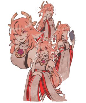 1girl animal_earrings animal_ears bare_shoulders book breasts cowboy_shot detached_sleeves eyeliner fox_ears genshin_impact hair_between_eyes highres holding holding_book japanese_clothes laughing lemolunes long_hair makeup medium_breasts multiple_views nontraditional_miko parted_lips pink_hair red_eyeliner smile solo upper_body white_background wide_sleeves yae_miko