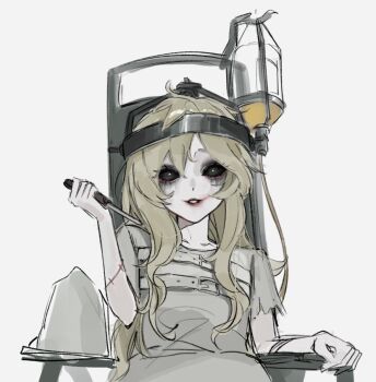 1girl black_sclera blonde_hair bright_pupils colored_sclera colored_skin dress galatea_claude holding_chisel identity_v intravenous_drip lipstick long_hair looking_at_viewer makeup parted_lips red_lips runny_makeup smeared_lipstick smile solo stitches ttptg6 upper_body wavy_hair wheelchair white_dress white_pupils white_skin