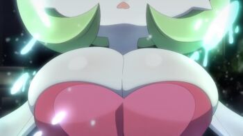 1girl breast_focus breasts cleavage colored_skin female_focus gardevoir gen_3_pokemon green_hair huge_breasts mega_gardevoir mega_pokemon nintendo open_mouth pokemon pokemon_(anime) poketoon shiny_skin short_hair solo succubus30586 white_skin