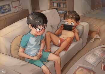 2boys aqua_shirt aqua_shorts barefoot black_hair blush briefs brown_hair cat couch erection glasses grey_eyes highres indoors male_focus male_masturbation male_underwear masturbation multiple_boys nintendo_switch on_couch original penis playing_games reclining red_shorts shirt shorts shota sitting topless_male toxyz two-tone_shirt uncensored underwear upshorts white_briefs white_shirt yaoi