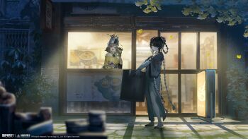 2girls :d absurdres backlighting bare_shoulders black_hair braid braided_hair_rings brick_wall brown_eyes brown_hair building buzhichun_(xinyue_tongxing) cafe cauldron coat condenser_unit copyright_name copyright_notice counter double_bun dress falling_leaves flip-flops glass_door green_coat green_dress green_eyes hair_bun hair_over_one_eye hair_rings hand_up highres holding leaf logo long_hair low_twin_braids menu_board mittens multiple_girls night off_shoulder official_art official_wallpaper one_eye_covered open_mouth outdoors parted_lips picture_frame plant pot_on_head potted_plant road sandals shirt short_hair short_sleeves side_slit sign smile standing stone_floor street twin_braids wide_shot xinyue_tongxing xufei_(xinyue_tongxing) yellow_mittens yellow_shirt