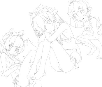 1girl :< absurdres arm_behind_back arms_on_knees bare_arms bare_legs barefoot bikini bikini_skirt blush_stickers bow bow_bikini bow_hairband breasts closed_mouth collarbone expressionless feet flipped_hair frilled_bikini frills frown full_body hair_flaps hairband hand_on_own_stomach head_on_hands highres knees_up legs_apart legs_together lineart long_hair monogatari_(series) multiple_views oshino_shinobu pointy_ears reclining ribs shishirui_san side-tie_bikini_bottom sidelocks simple_background skinny slit_pupils small_breasts squatting swimsuit tiptoes toes triangle_bikini_top very_long_hair white_background