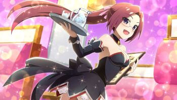 1girl :d angel_mort black_leotard black_skirt black_sleeves breasts cleavage collarbone cowboy_shot cup detached_collar detached_sleeves drinking_glass dutch_angle facing_to_the_side floating_hair from_side game_cg glasses hair_ribbon heavy_lens_flare highres higurashi_no_naku_koro_ni higurashi_no_naku_koro_ni_mei holding holding_menu holding_tray ice indoors lens_flare leotard long_hair looking_at_viewer menu menu_board non-web_source official_art open_mouth pink_ribbon purple_hair restaurant ribbon round_eyewear saionji_miyabi skirt smile solo sparkle standing strapless strapless_leotard tray very_long_hair waitress water