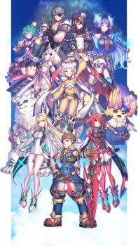 2boys 6+girls absurdres aegis_sword_(xenoblade) animal_ears azurda_(xenoblade) bare_legs bare_shoulders black_gloves blonde_hair blunt_bangs bodysuit breasts brighid_(xenoblade) cat_ears cat_girl chest_jewel cleavage cleavage_cutout clothing_cutout detached_sleeves dress dromarch_(xenoblade) earrings elbow_gloves facial_mark fingerless_gloves gloves grey_hair hakusai_(hksicabb) highleg highleg_leotard highres jewelry large_breasts leotard long_hair low_twintails morag_ladair_(xenoblade) multiple_boys multiple_girls mythra_(xenoblade) nia_(blade)_(xenoblade) nia_(xenoblade) nopon pandoria_(xenoblade) poppi_(xenoblade) poppi_alpha_(xenoblade) pyra_(xenoblade) red_eyes red_hair red_shorts rex_(xenoblade) short_dress short_hair short_shorts shorts small_breasts spoilers swept_bangs sword thigh_strap thighhighs tiara tora_(xenoblade_2) twintails very_long_hair weapon white_dress white_footwear white_gloves xenoblade_chronicles_(series) xenoblade_chronicles_2 yellow_bodysuit yellow_eyes zeke_von_genbu_(xenoblade)