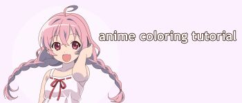 1girl 2000s_(style) ahoge bk_(barakoodra) braid commentary dot_nose english_commentary fang faux_retro_artstyle highres how_to long_hair looking_at_viewer low_twin_braids open_mouth original pink_hair red_eyes smile solo twin_braids