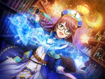 Rule 34 | 1girl, belt, bird, black gloves, blue hat, blue jacket, book, bookshelf, brown belt, dutch angle, earrings, flask, game cg, gloves, green eyes, hair down, half gloves, hat, holding, holding book, holding quill, hoshimi junna, indoors, inkwell, jacket, jewelry, lamp, long hair, long sleeves, looking at viewer, magic, mitre, official art, open book, open mouth, purple hair, quill, shoujo kageki revue starlight, shoujo kageki revue starlight -re live-, solo, standing, swept bangs, upper body