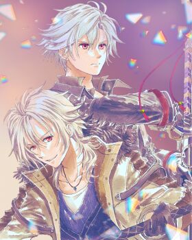 Rule 34 | 2boys, ahoge, black gloves, blurry, blurry foreground, broken glass, closed mouth, coat, collarbone, commentary request, crow armbrust, curtained hair, double-parted bangs, double blade, eiyuu densetsu, fur trim, glass, gloves, gradient background, hair between eyes, highres, holding, holding sword, holding weapon, jewelry, koyagistock, long sleeves, male focus, mullet, multiple boys, necklace, parted lips, pendant, pommel tassel, rean schwarzer, red eyes, sen no kiseki, sen no kiseki (series), sen no kiseki iv, simple background, smile, sword, tachi (weapon), weapon, white hair