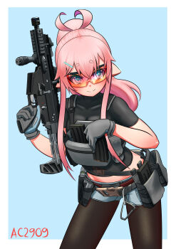 1girl absurdres ac2909 commentary english_commentary gloves gun hair_ornament highres long_hair military original pantyhose pink_hair shirt shorts simple_background smile solo sunglasses tagme weapon
