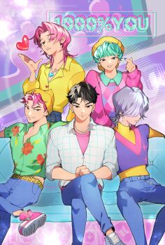 5boys abby_(kpop_demon_hunters) americano0112 aqua_hair baby_(kpop_demon_hunters) black_hair brown_eyes commentary crossed_legs denim earrings hat heart heart_hands highres jeans jewelry jinu_(kpop_demon_hunters) kpop_demon_hunters looking_at_viewer male_focus multiple_boys mystery_(kpop_demon_hunters) pants pink_hair pink_shirt ring romance_(kpop_demon_hunters) shirt smile smirk turtleneck yellow_hat