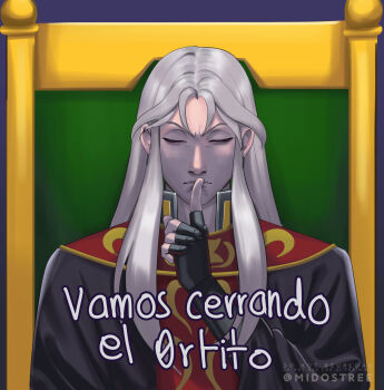 Rule 34 | 1boy, absurdres, androgynous, armored boots, balron lune, black gloves, black robe, boots, chair, closed eyes, finger to mouth, fingerless gloves, frown, gloves, grey hair, highres, index finger raised, long hair, looking at viewer, male focus, meme, midostree-art, on chair, robe, saint seiya, shushing, sitting, solo, spanish text, upper body, v-shaped eyebrows