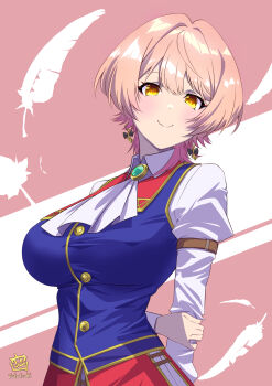 1girl absurdres arms_behind_back artist_logo artist_name blonde_hair breasts brooch closed_mouth cosplay double-parted_bangs eiyuu_densetsu falling_feathers fang feathers futaga_tsuiteru hair_between_eyes hair_ornament highres jewelry large_breasts logo looking_at_viewer neckerchief nijisanji nui_sociere pink_background school_uniform skin_fang smile solo sora_no_kiseki two-tone_background upper_body vest virtual_youtuber waistcoat white_background white_neckerchief yellow_eyes