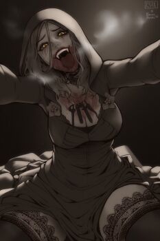 1girl aa2mee blonde_hair blood breasts cleavage daniela_dimitrescu dress fangs glowing glowing_eyes heavy_breathing highres hood hoodie large_breasts resident_evil resident_evil_village thighhighs tongue tongue_out yellow_eyes