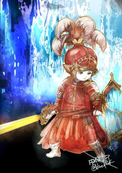 1boy boots commentary copyright_name fighting_stance final_fantasy final_fantasy_xiv green_eyes helmet holding holding_sword holding_weapon lalafell male_focus onion_knight plume red_helmet ruka_(blueplus84) shield solo surcoat sword twitter_username weapon white_boots