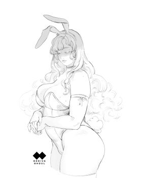 1girl animal_ears artist_logo artist_name ass asymmetrical_bangs bare_shoulders belly breasts choker cleavage closed_eyes closed_mouth commentary cropped_legs elbow_gloves english_commentary eyelashes fake_animal_ears fingerless_gloves fingernails from_side glove_ribbon gloves godiva_ghoul greyscale hair_over_shoulder highres large_breasts leotard lips logo long_fingernails long_hair mole mole_on_breast monochrome multiple_moles original own_hands_together playboy_bunny plump rabbit_ears rabbit_tail sharp_fingernails simple_background sketch skindentation solo strapless strapless_leotard tail thighhighs thighs white_background