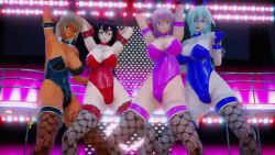 3d 4girls animal_ears animated arms_behind_head audible_music black_hair blonde_hair blue_hair bouncing_breasts breasts cleavage dancing dark-skinned_female dark_skin fake_animal_ears gloves hairband large_breasts leotard long_hair looking_at_viewer mmdmonmon multiple_girls original pale_skin pink_hair playboy_bunny rabbit_ears rabbit_tail short_hair sound standing strapless strapless_leotard tail tan thighhighs thighs video