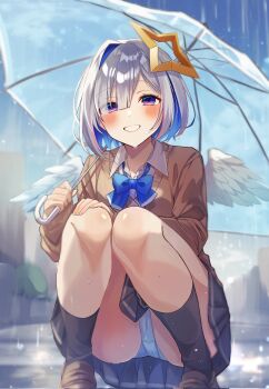 amane_kanata ass black_socks blazer blush collared_shirt gradient_eyes grin halo hand_on_own_knee highres holding hololive jacket kneeling loafers multicolored_eyes multicolored_hair panties rain ribbon school_uniform shirt shoes skirt smile socks two-tone_hair uekana9 umbrella underwear upskirt virtual_youtuber wings