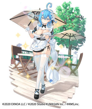 1girl ahoge apron bikini black_shoes black_skirt blue_eyes blue_hair bow bowtie breasts cleavage closed_mouth commentary_request crossed_legs dress frilled_apron frilled_dress frills full_body garter_straps large_breasts long_hair looking_at_viewer maid maid_apron maid_headdress miniskirt mist_train_girls mistorene_callus official_art peragura shoes short_sleeves side-tie_peek side_slit skirt solo spaghetti_strap standing string_bikini swimsuit thighhighs umbrella watson_cross white_bikini white_dress white_thighhighs wrist_cuffs